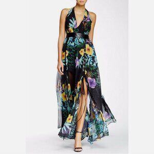 TOV Holy Faux Leather Trim Lace Up Floral Printed Maxi Dress